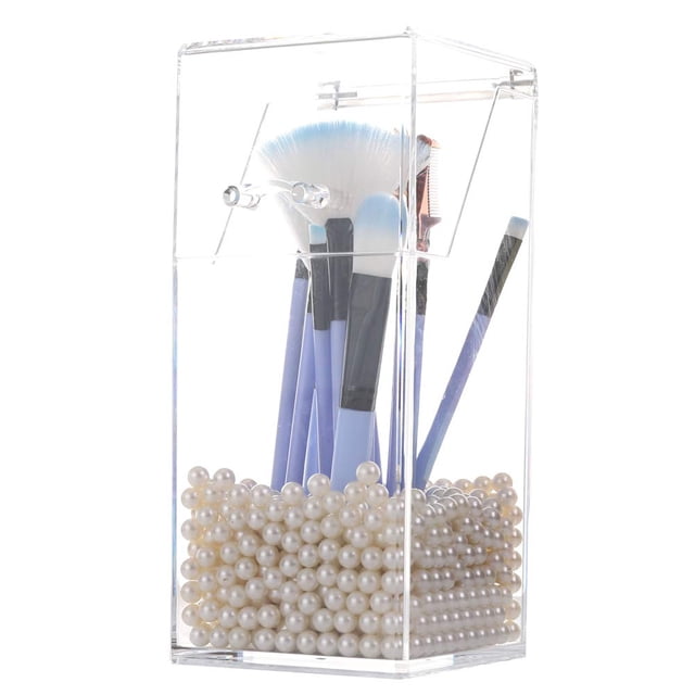 Soporte para brochas de maquillaje Sooyee con tapa y perlas blancas