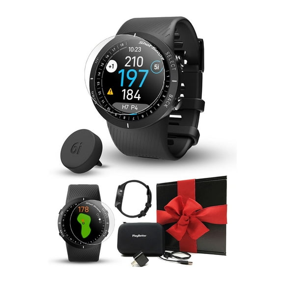 Shot Scope V5 Golf GPS Watch Gift Box Bundle with 16x 2nd Generation Shot Tracking Tags, PlayBetter HD Screen Protectors, Wall Adapter, & Protective Case