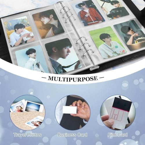 A5 Kpop Photocard Binder, 6 Ring Binder Album with 200 Card Slots, PU Leather Binder Cover with Magnetic Buckle Closure for Organizing Trading Cards (Black)