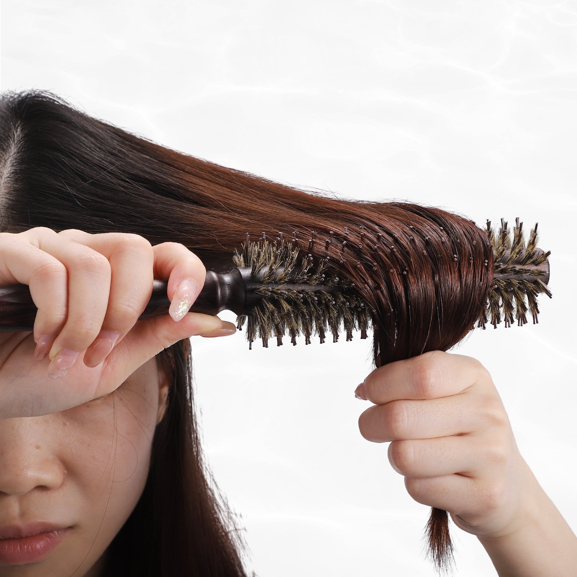 Unique Bargains Nylon Bristle Round Curling Hair Twill Comb with Wood Handle Brown L