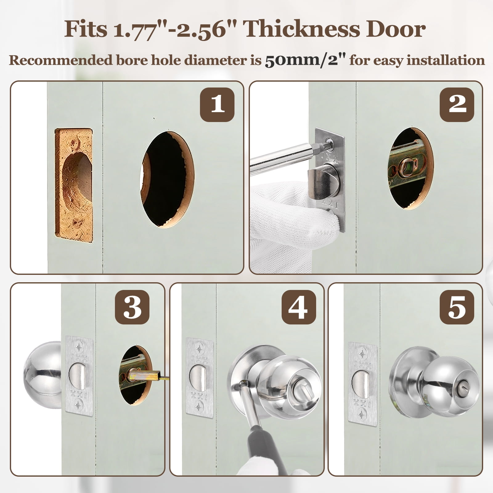 2 Pack Privacy Door Knob, Round Interior Door Handles Keyless Turn Lock Doorknob with Screws Fits 1.77"-2.56" Thickness for Bedroom, Bathroom Closets, Silver Tone