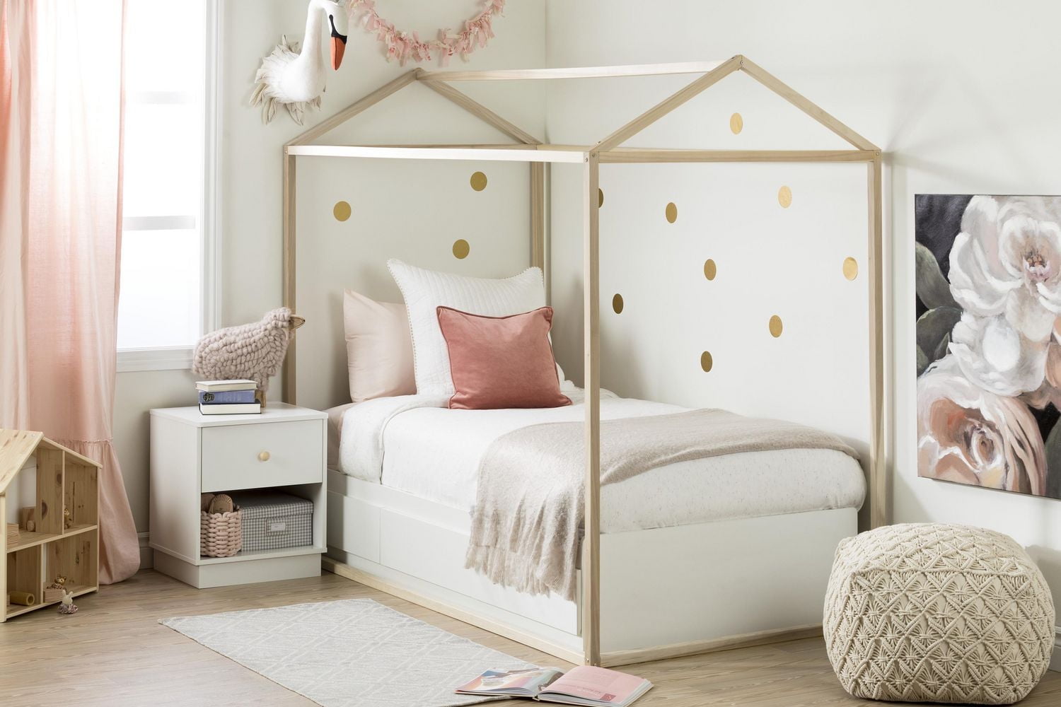 South Shore Sweedi Twin Wooden House Bed Frame, in Natural Wood