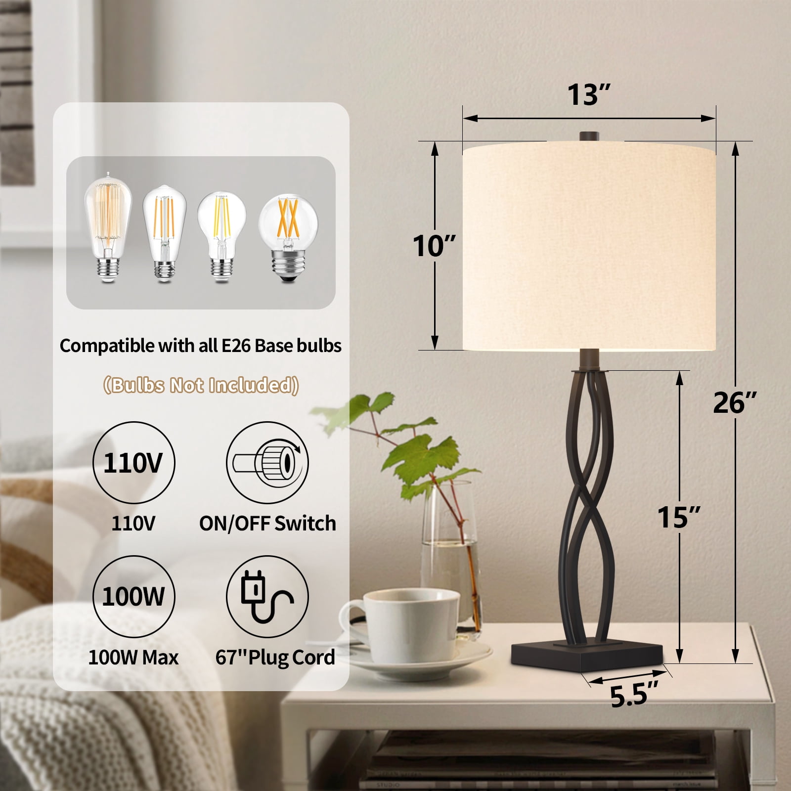 Maxax 26" Large Black Table Lamp Set of 2 – Modern Metal Nightstand Lamps with White Fabric Shades for Living Room, Bedroom, and Office