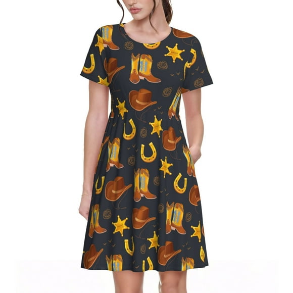 Wukai Wild West Golden Horseshoe Print Women’s Short Sleeve Dress, Comfortable Casual Dress, Soft Spandex Blend,Stylish Wear for Summer