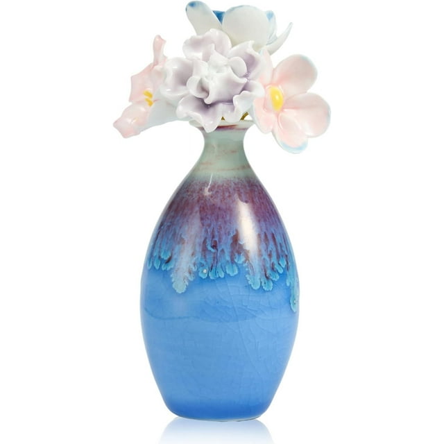 Small Ceramic Blue Snow Pottery Vase with Five Ceramic Flowers