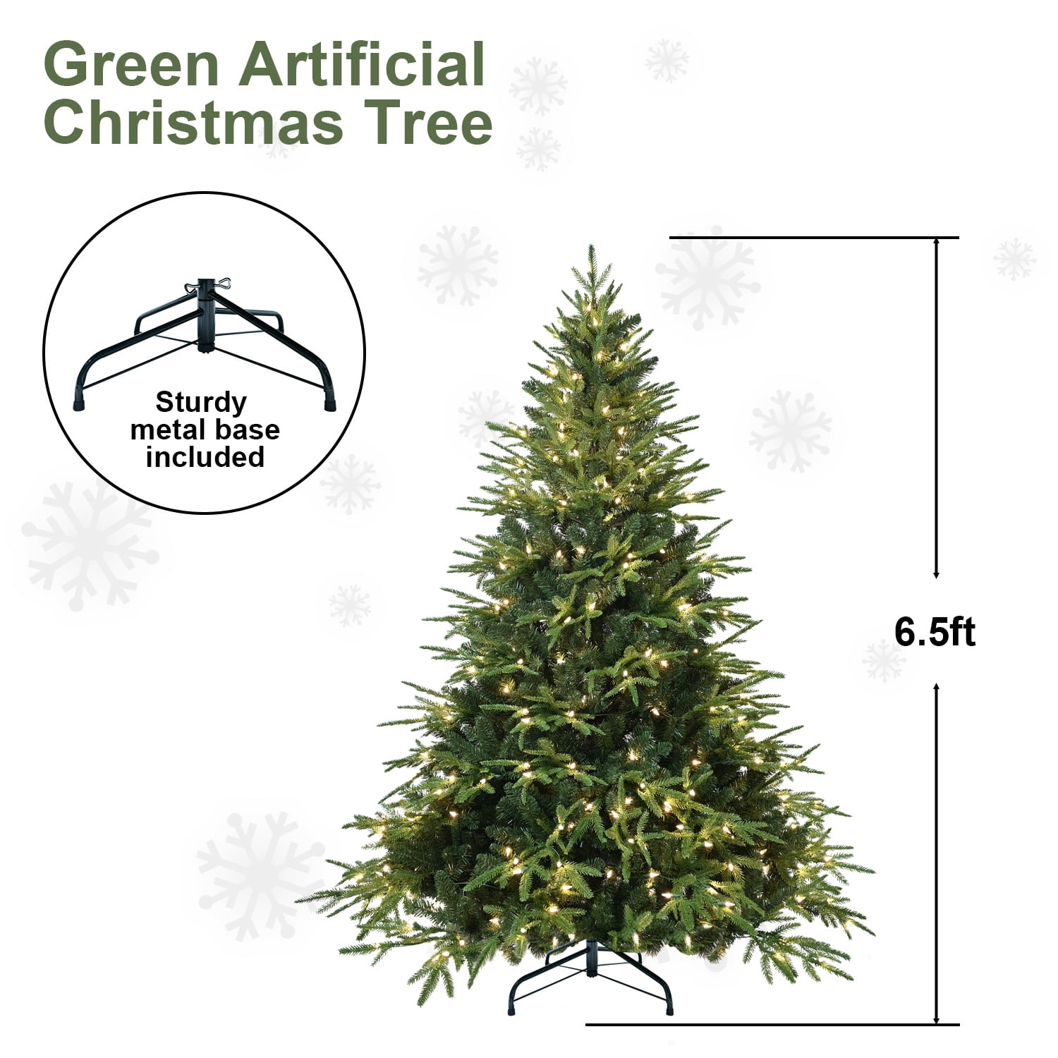 6.5ft Pre-Lit Artificial Christmas Tree with 450 Warm White Incandescent Lights, 2225 Tips, PE+PVC Hinged Pine, Foldable Metal Stand
