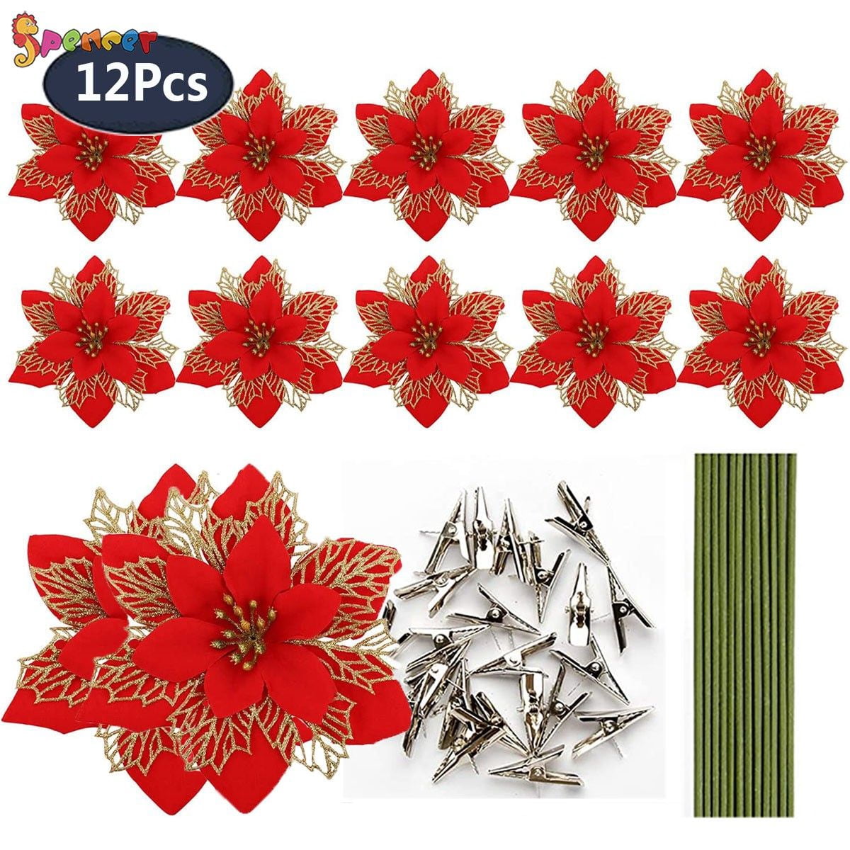 12-Pack Glitter Poinsettia Christmas Flowers – 15cm Artificial Flowers With Clips For Tree & Wreaths