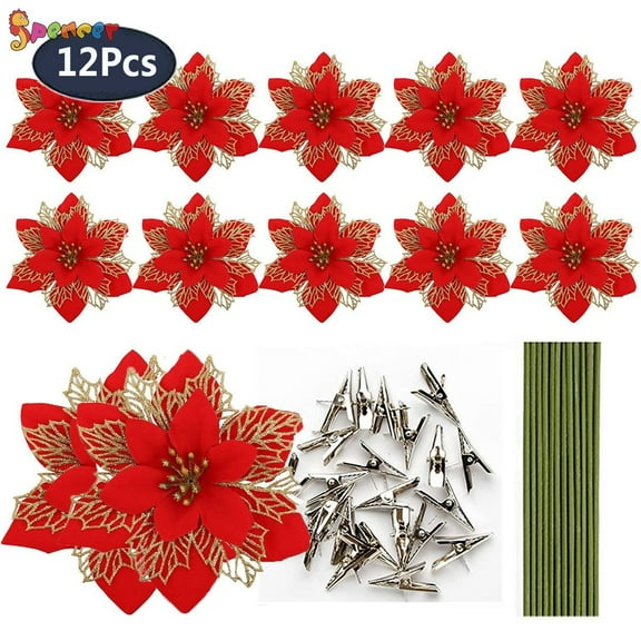 Spencer 12Pcs 6.3in Artificial Glittery Poinsettia Flowers Decorations with Clips & Stems Xmas Tree Ornaments for Garland Fireplace Wreath Wedding Party (Red)
