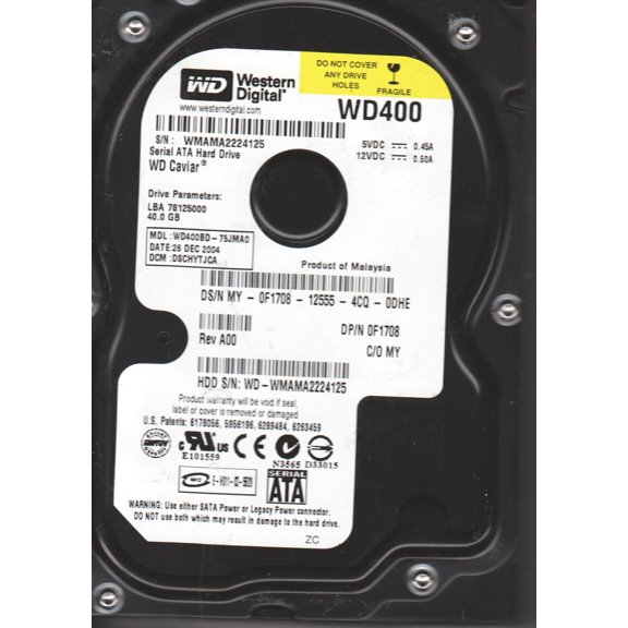 WD400BD-75JMA0, DCM DSCHYTJCA, Western Digital 40GB SATA 3.5 Hard Drive