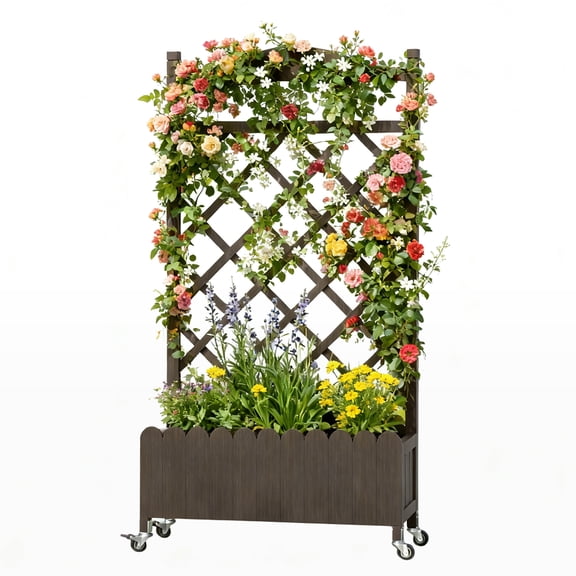 CloudRest Pro 48“ Raised Garden Bed with Trellis for Climbing Plants,Mobile Planter Box with Drainage Holes (Extra Wheels)