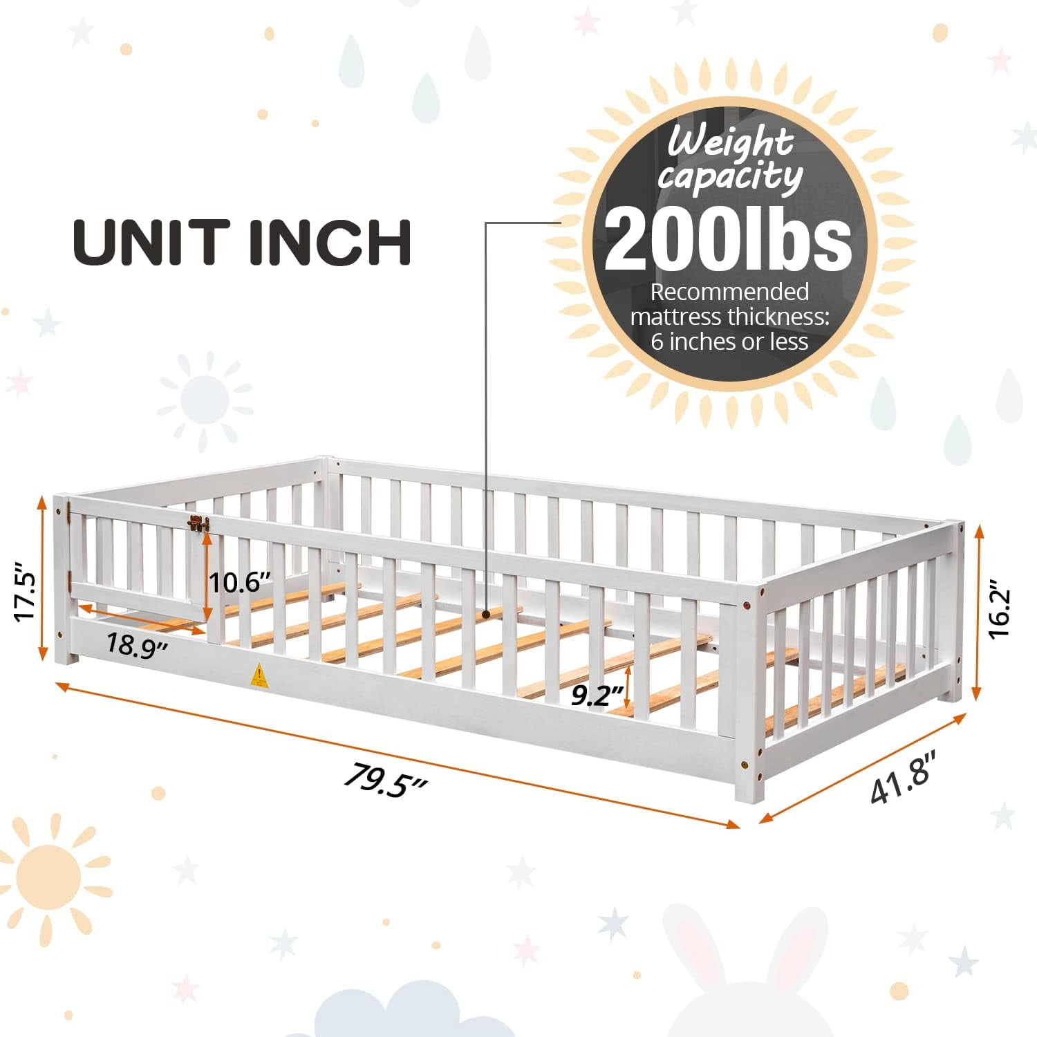 Twin Floor Bed Frame for Toddler, Montessori Floor Bed with Fence and Wood Slats, Low Wood Platform Beds for Girls Boys Kids Happy Time, White