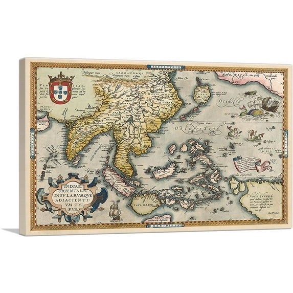 ARTCANVAS Indiae Orientalis - Theatrum Orbis Terrarum 1585 Canvas Art Print by Abraham Ortelius - Size: 26" x 18" (1.50" Deep)