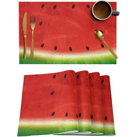 Watermelon Placemats Set of 6, Washable Woven Burlap Cloth Fabric Placemat for Square/Rectangle/Round/Oval Dining Table, Easy Clean Place Mats for Toddlers, Kids Red GreenBlack Summer Fruit Watercolor
