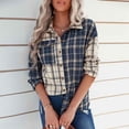 thumbnail image 2 of Camisa de bloque de color a cuadros Cárdigan clásico para mujer Blusa de manga larga con botones Top informal a cuadros con solapa para primavera otoño Azul XL, 2 of 6