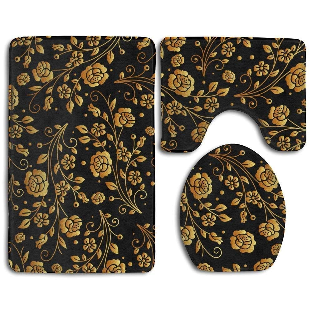 CHAPLLE Black Gold Rose 3 Piece Bathroom Rugs Set Bath Rug Contour Mat