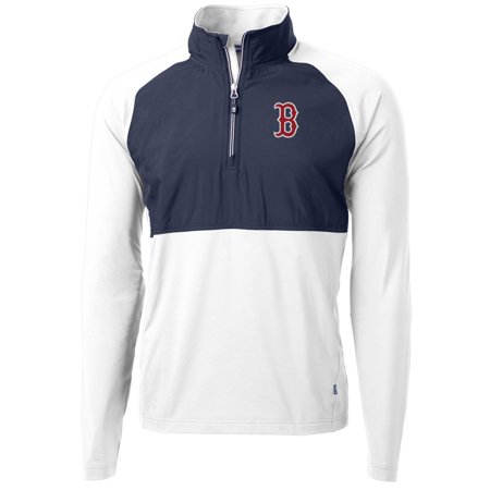 Men s Cutter & Buck White/Navy Boston Red Sox Adapt Eco Knit Hybrid Recycled Quarter-Zip Pullover Jacket