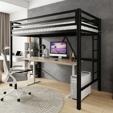 Amolife Twin Size Heavy Duty Metal Loft Bed with Removable Ladder & Full-Length Guardrail Black