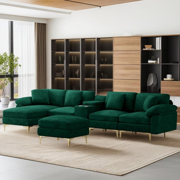 Rophefx 127.6" Large Modular Cloud Sofa,Velvet U Shaped Sectional Sofa Couch with Ottoman,Central Console,Cup Holders,USB Port,Comfy Deep Seat Sofa Set for Living Room Furniture,Emerald Green