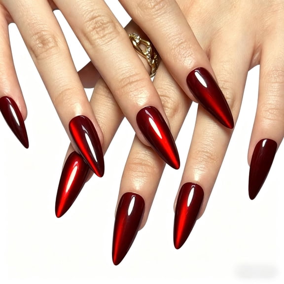 Red Chrome Stiletto Press On Nails, Long Glossy Metallic Red Fake Nails, False Nails for Women & Girls, Halloween Party & Daily Manicure, Salon & Home Use