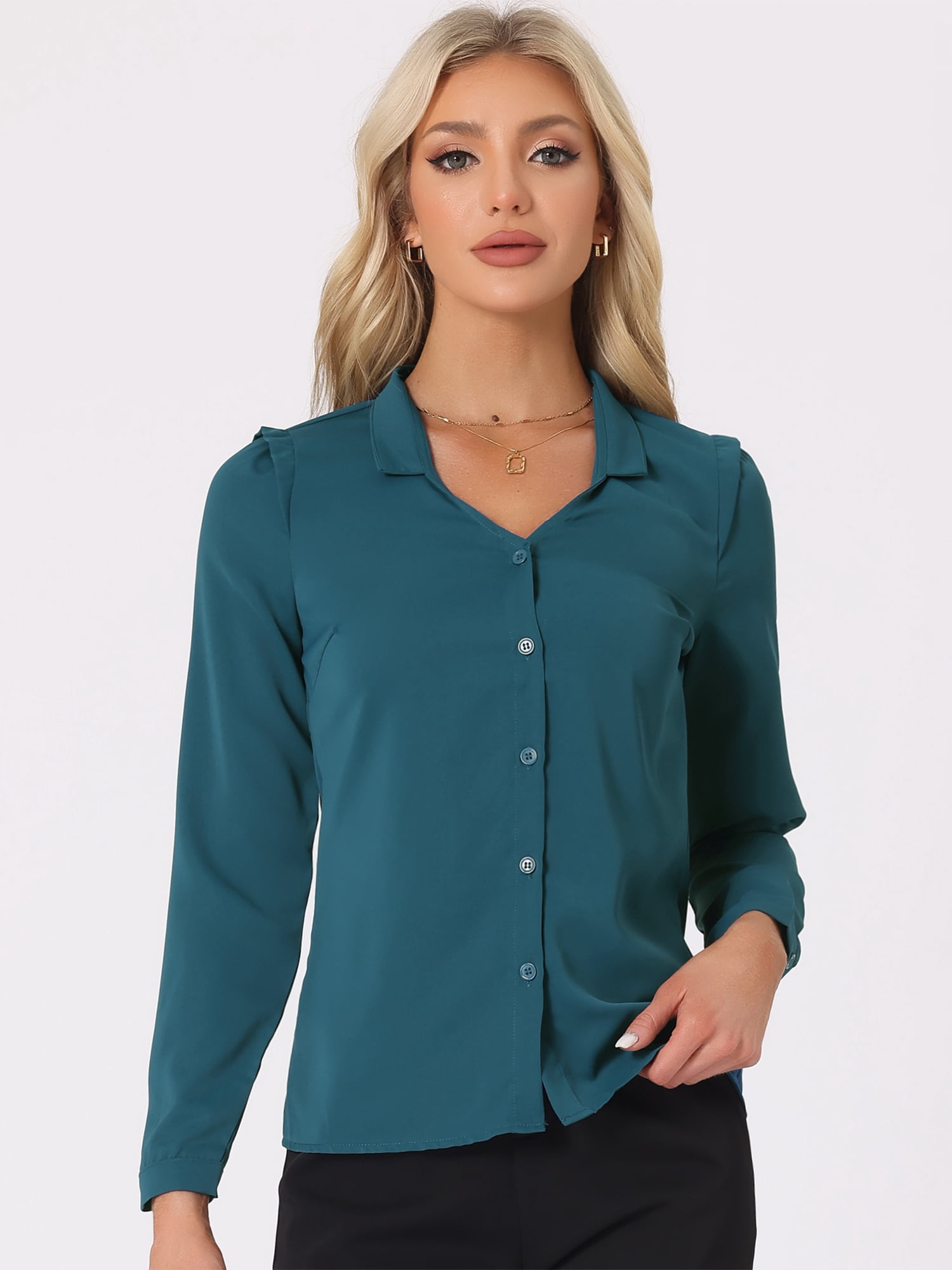 DARING DIVA Women's Elegant V Neck Long Sleeves Button Down Shirt XS Peacock Blue