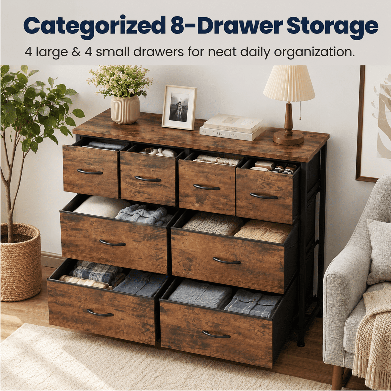 Alvantor Dresser for Bedroom with 8 Drawers, Fabric Dressers Storage Tower with Steel Frame Wood Tabletop, Storage Cabinet, Hallway, Closets