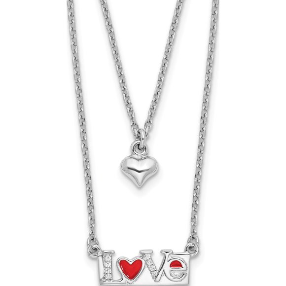 Sterling Silver Rhod-Pltd Enamel Cz Heart Love 16In W/2 In Ext Necklace (Width 7) (Length 18) - Jbsp