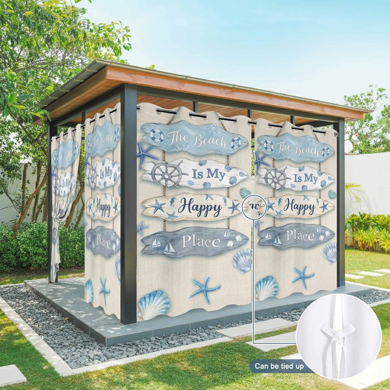 The Beach Is My Happy Place Outdoor Curtains for Patio, Summer Ocean Blue Starfish Shell Seahorse Linen Sunshade Privacy Drapes Grommet Waterproof Outside Curtains for Porch Balcony 54"x108", 1 Panel