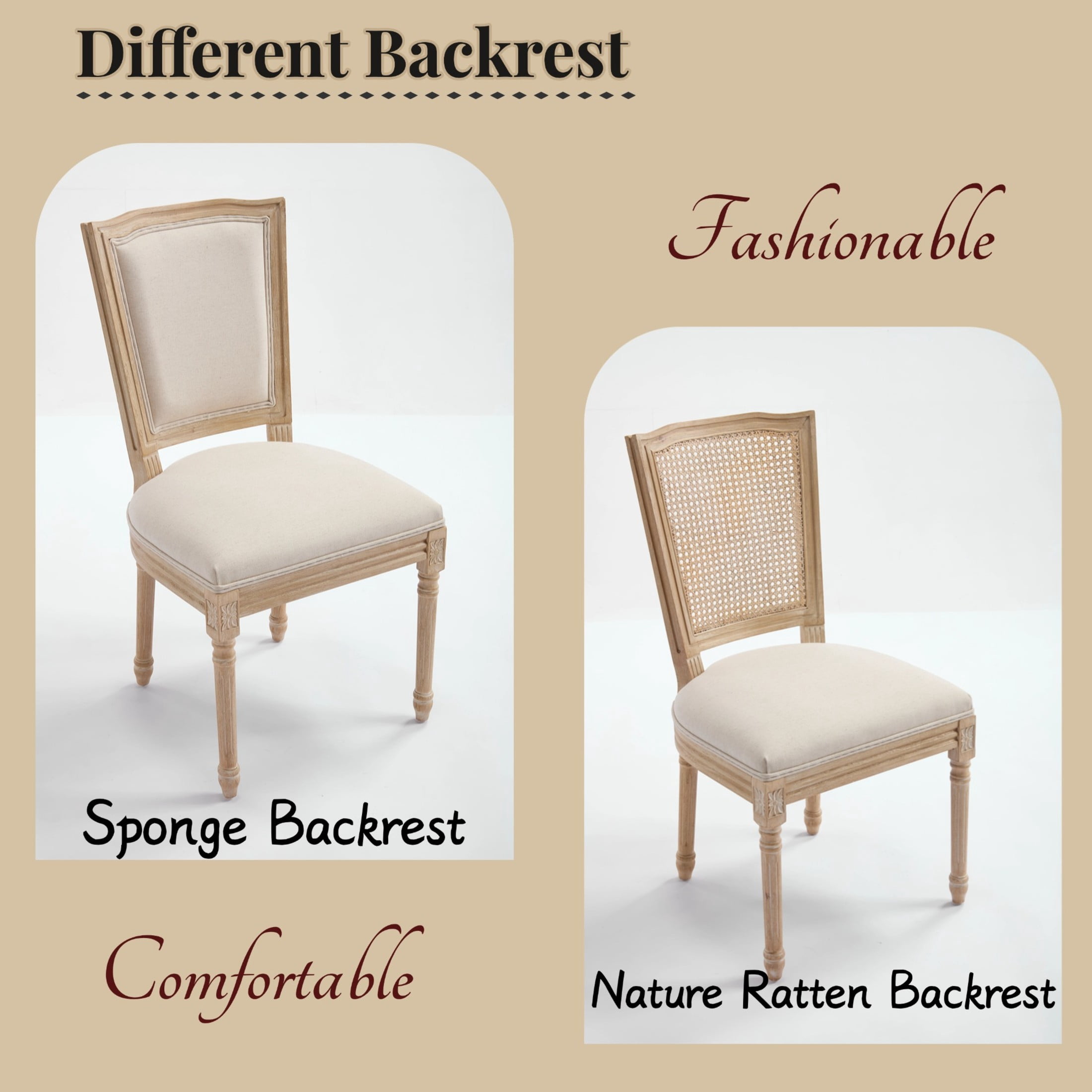 Noble House French Country Dining Chairs with Natural Rattan Back and Carved Wood Legs, for Living Room, Beige, Set of 2
