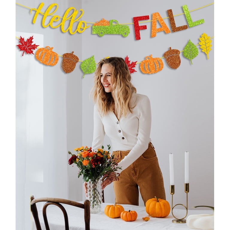 CAVLA Glitter Thanksgiving Banner – “Thankful Grateful Blessed” With Turkeys, Pumpkins, Maple Leaves Decor