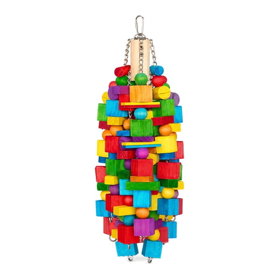 Large Bird Toy, 19in Parrot Toys Natural Wood Blocks Bird Chew Toy, Stainless Steel Chain Hanging Cage Toy for Macaws, Cockatoos, African Greys and Large Parrots - 1.15 lb