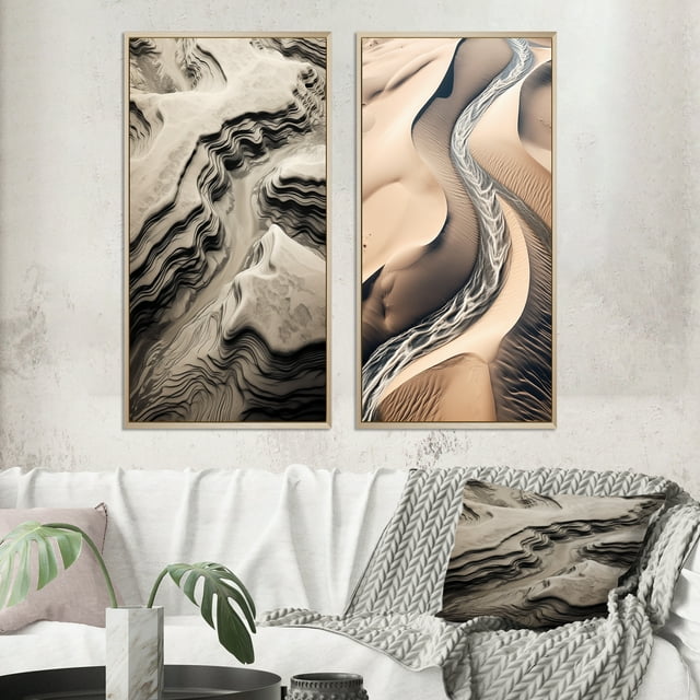 Designart "Desert Oasis Rivers among Eternal Dunes I" Desert Framed Wall Art Set Of 2 - Global White Framed Canvas Set For Living Room Decor