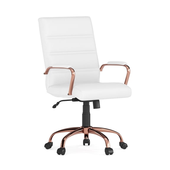 Pemberly Row Mid Back Leather Office Swivel Chair in White and Rose Gold