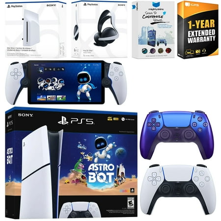 Sony PlayStation 5 Astro Bot Slim Digital Bundle with Disc Drive, Pulse Elite Headset, Extra Controller, PlayStation Portal, MightySkins Voucher and 1 Year Extended Warranty - Chroma Indigo