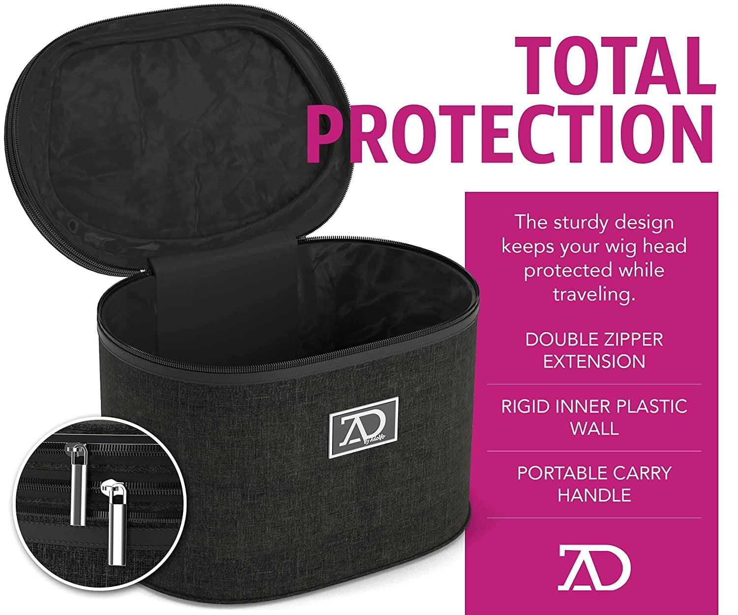 8"-12" High Wig Box with Collapsible Wig Stand - Dome Foam Wig Head Stand in Zipper Carrying Case w/Handle for Safe Traveling Storage of Wigs, Lace Front Cap, Toupee (Denim Black)
