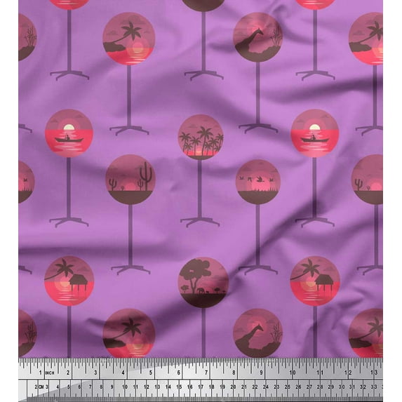 Soimoi Purple Moss Georgette Fabric Tree,Yacht & Sunset Nature Decor Fabric Printed Yard 42 Inch Wide