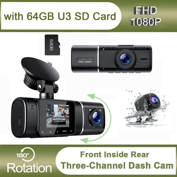 Three Channel Dash Cam Front and Rear Inside Cabin with 64GB U3 SD Card, TOGUARD Infrared Night Vision Dash Camera for Cars Taxi/Lyft/Uber Driver