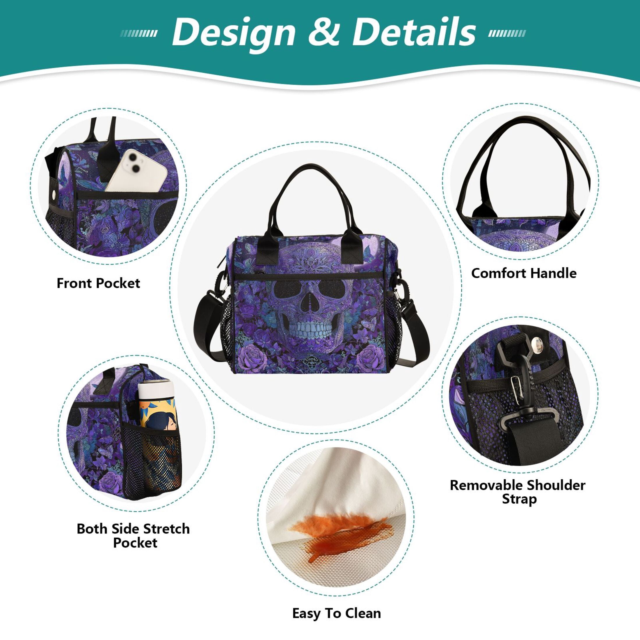 RMDQTR Midnight Skull Butterfly Bloom Large Tote Lunch Bag, Multi-Compartment Waterproof Thermal Food Bag for Commute Office & Picnic Outings