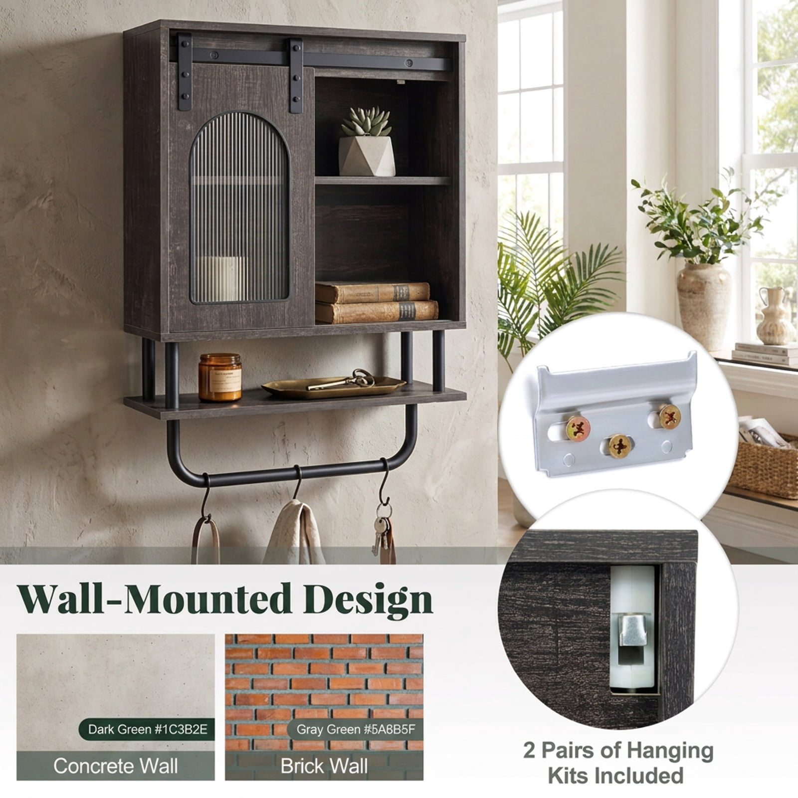 Vebreda Bathroom Wall Cabinet with Sliding Barn Door and Metal Hanging Bar with 3 Hooks, Stylish Farmhouse/Industrial Charm, Secure Wall Mounting