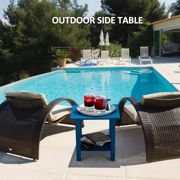 2 Tier Outdoor Side Table with Wood-Like Grain, 16.6" HDPE Adirondack Table Side Table, Weather Resistant End Table for Pool, & Porch, Small Outdoor Table(Navy Blue, Rectangle)