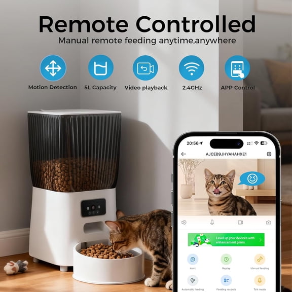 Automatic Cat Feeder with Camera, 5L Smart Dog Food Dispenser with App Control, 1080P Night Vision, Two-Way Audio. 22 Cups Large Hopper, Motion Detection, Timer (5L Single Bowl)