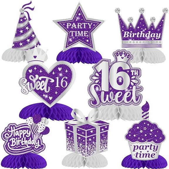 16th Birthday Decorations, 8 PCS 16th Birthday Honeycomb Centerpieces Purple Silver, Happy 16 Birthday Table Centerpiece Table Toppers for Girls Sixteen Years Old Party Table Decorations