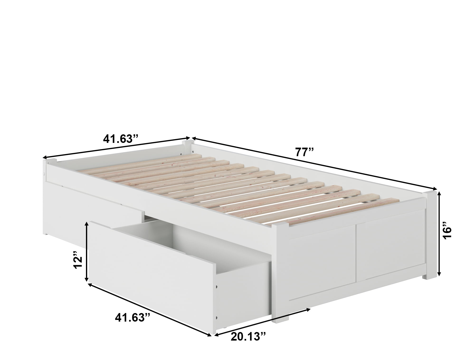 AFI Concord Twin Solid Wood Platform Bed with Footboard & 2 Storage Drawers in White