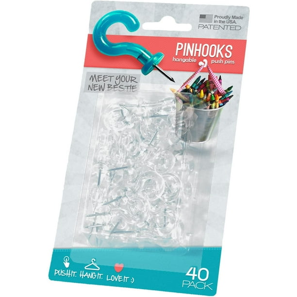 Pinhooks Value 40-Pack Klear Kindness Push Pin Wall Hooks, Transparent 