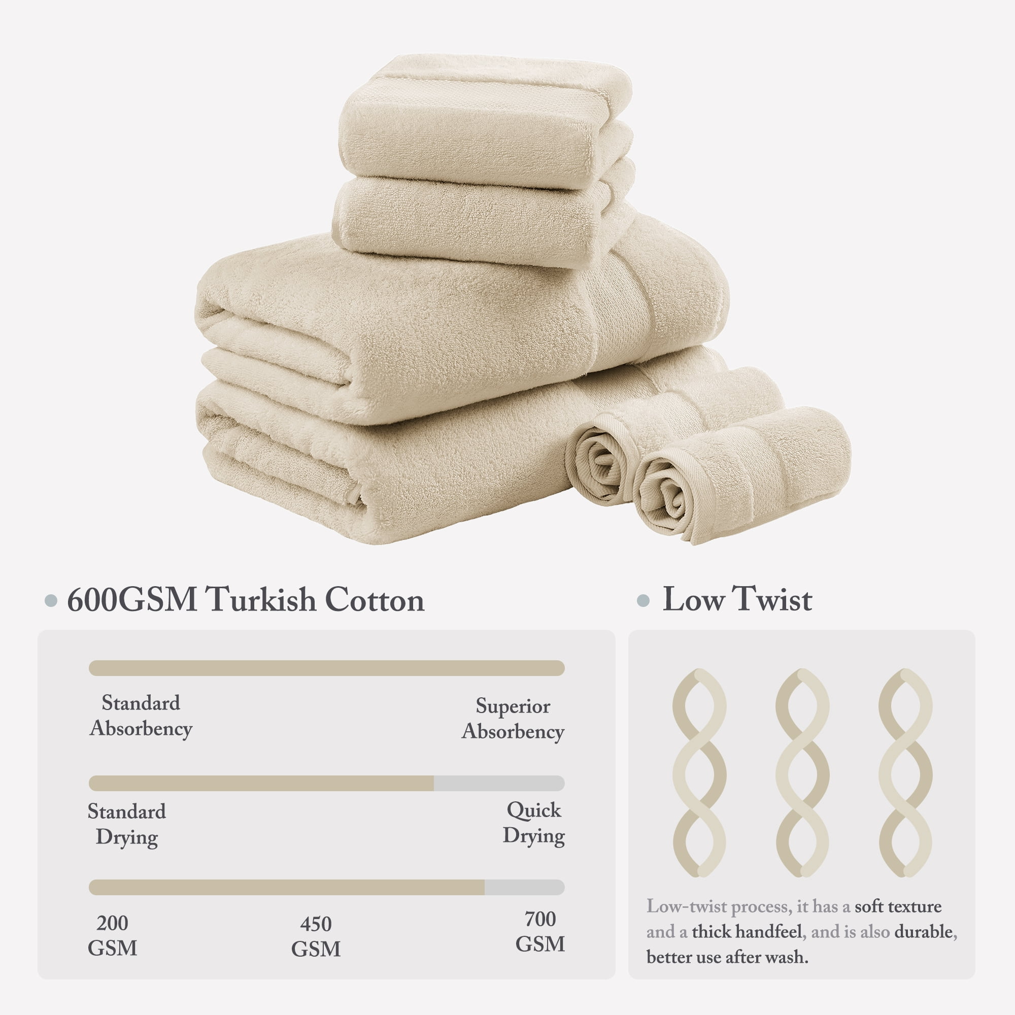 6-Piece Cotton Bath Towel Set,Sand
