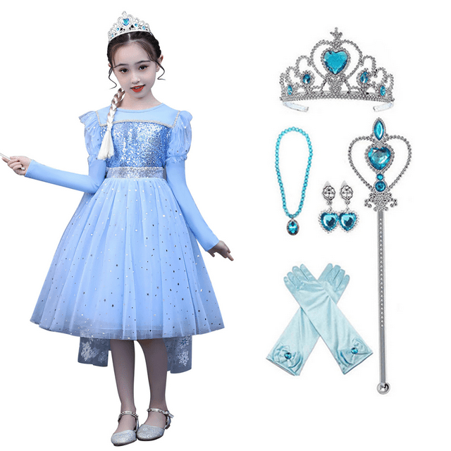 Robe de Princesse Elsa pour Filles, Déguisement de Fête Chic, Reine des Neiges, Robe de Princesse Mignonne (Manches Longues)