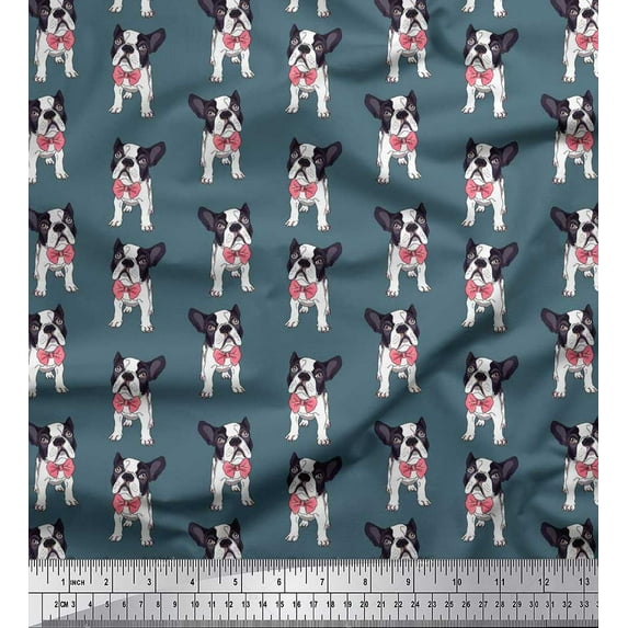 Soimoi Rayon Crepe Fabric Bow & Boston Terrier Dog Print Fabric by Yard 46 Inch Wide