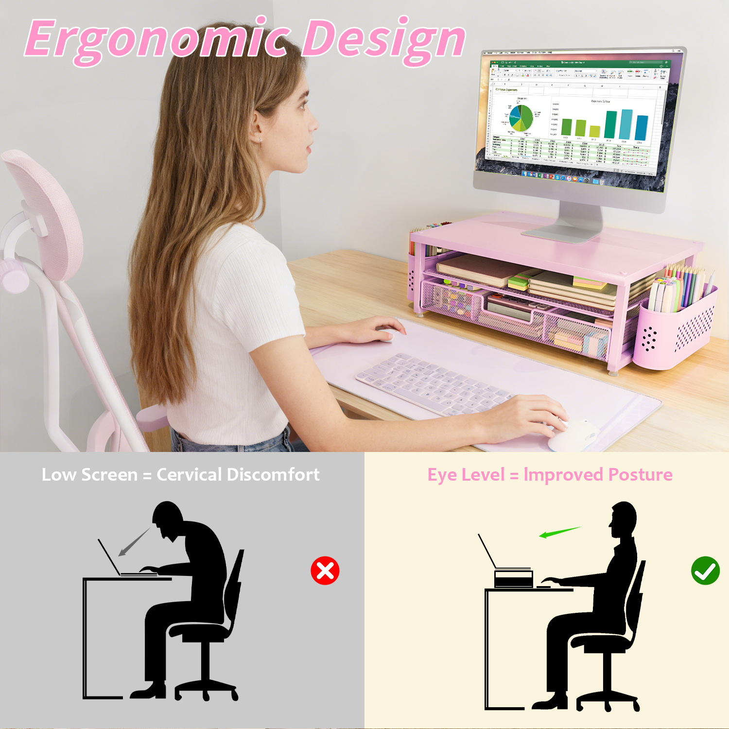 MEHOOM Desk Organizer, 3-Tier Monitor Stand with Storage and 2 Pen Holder, Laptop Stand, Office Desk Accessories for Office Supplies, Pink