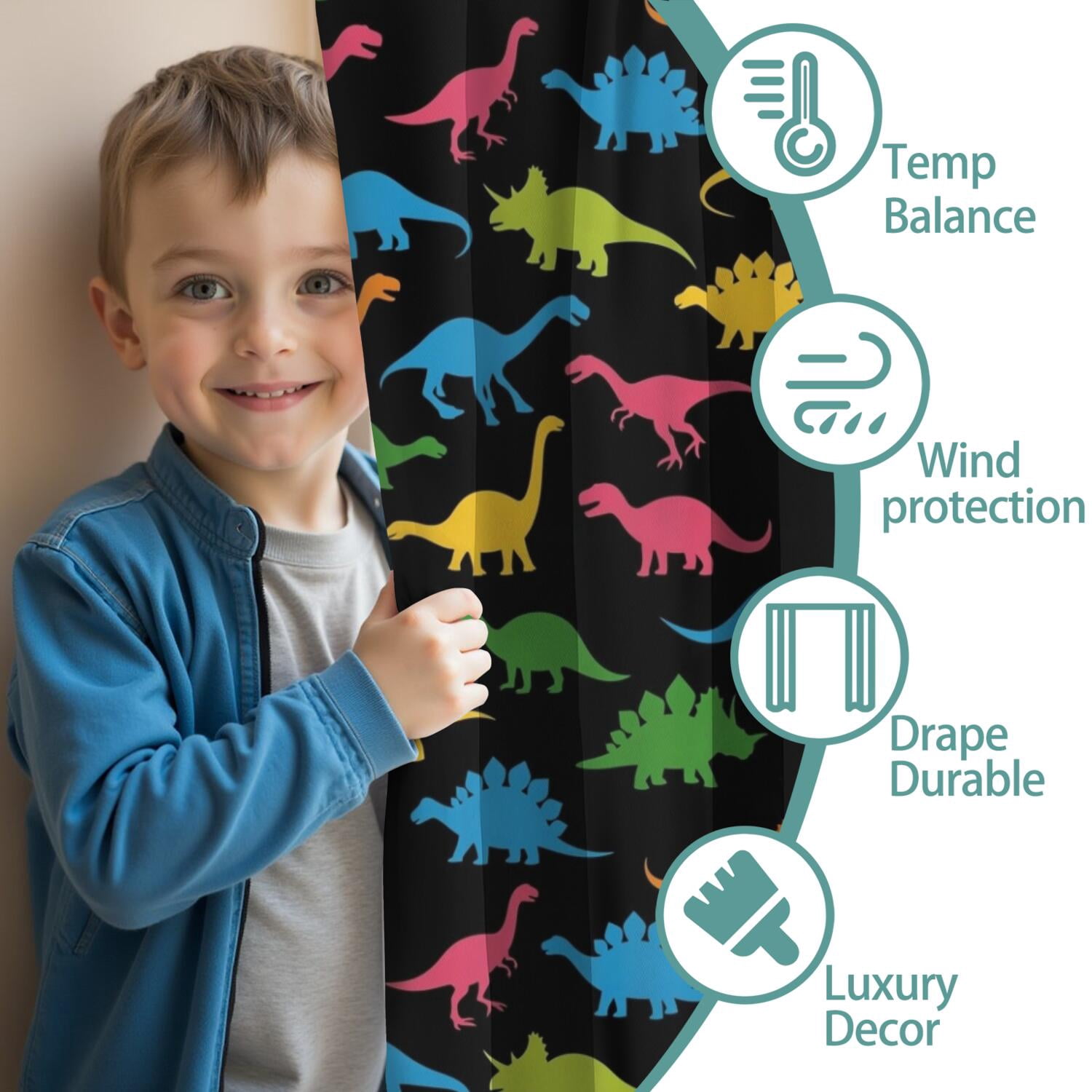 Blackout Kids Curtains,Black Colorful Dinosaurs Silhouette Pattern Childrens Insulated Curtains Set Of 2,Bedroom Essentials,Toddler Room Decor 42"x54"
