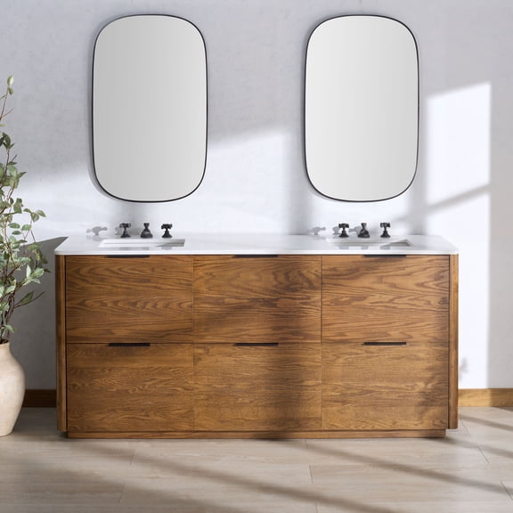 Safavieh Couture Gabrietta 72" Double Sink Bathroom Vanity, Medium Oak/White