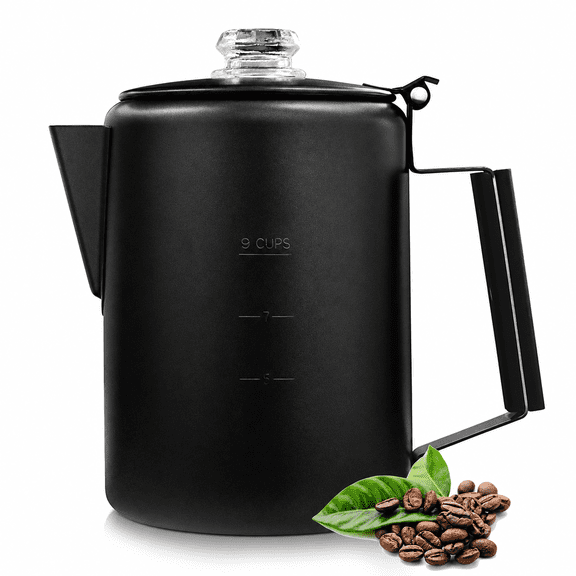 9Cup Black Stainless Steel Coffee Percolator, Stovetop Camping Pot for Outdoor Home Use